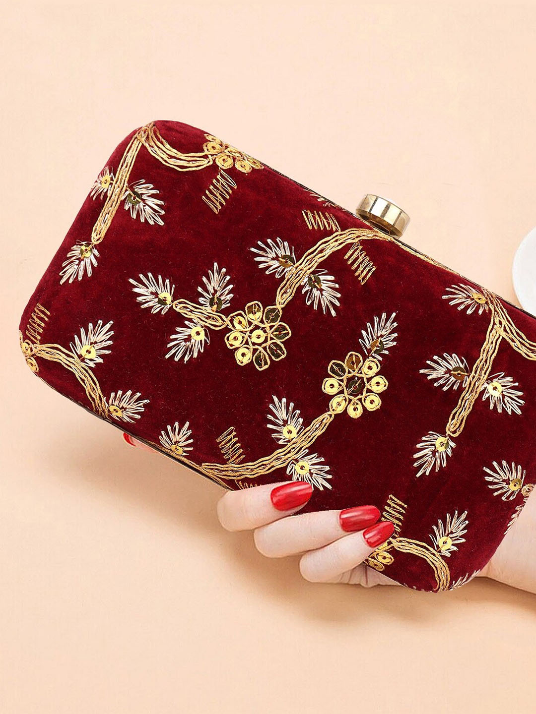

DN Creation Embellished Box Clutch, Maroon
