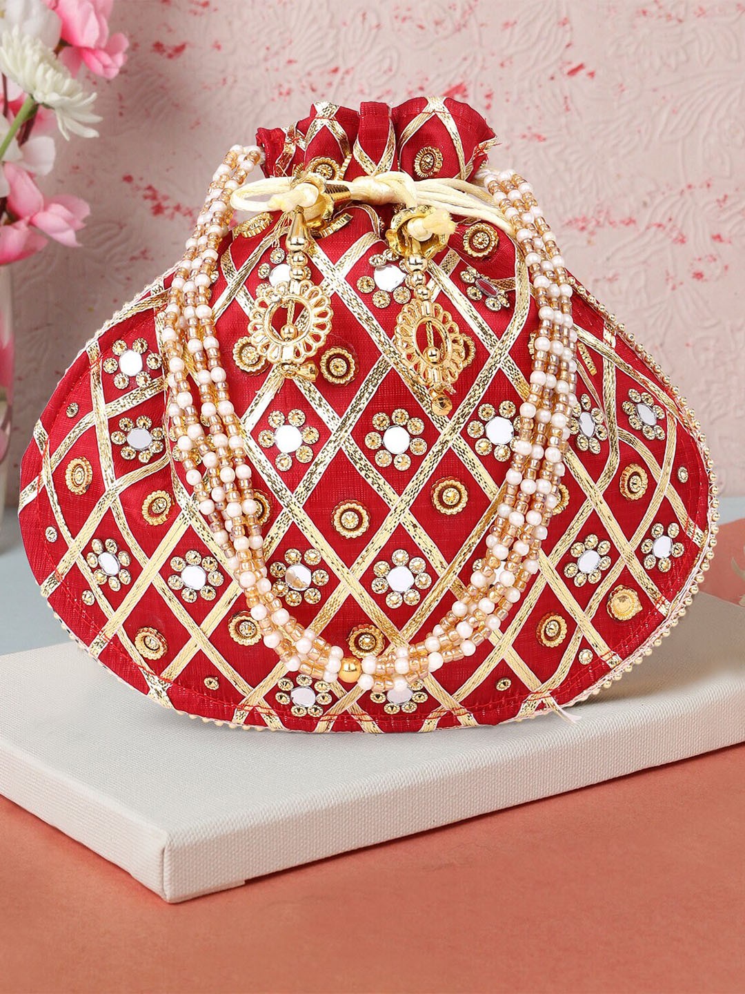 

DN Creation Embroidered Potli Bag, Red