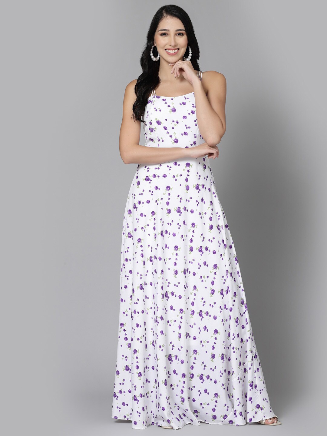 

aayu Floral Printed Shoulder Straps Sleeveless Maxi Dress, White