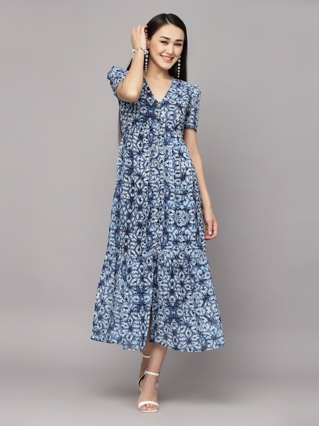 

aayu Geometric Printed V-Neck Puff Sleeve Georgette A-Line Midi Dress, Blue