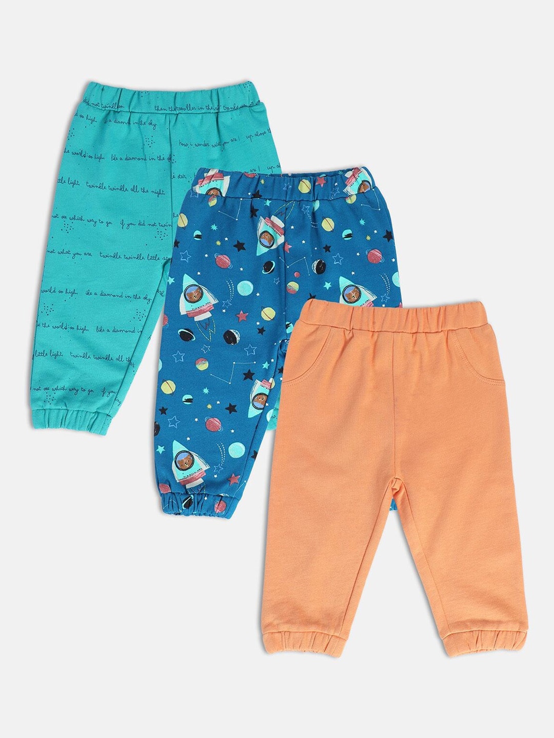 

MINI KLUB Pack of 3 Boys Conversational Printed Easy Wash Cotton Joggers Trousers, Blue