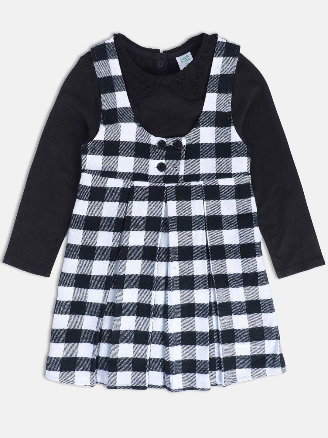 

MINI KLUB Girls Checked Pure Cotton Top With Pinafore, Black