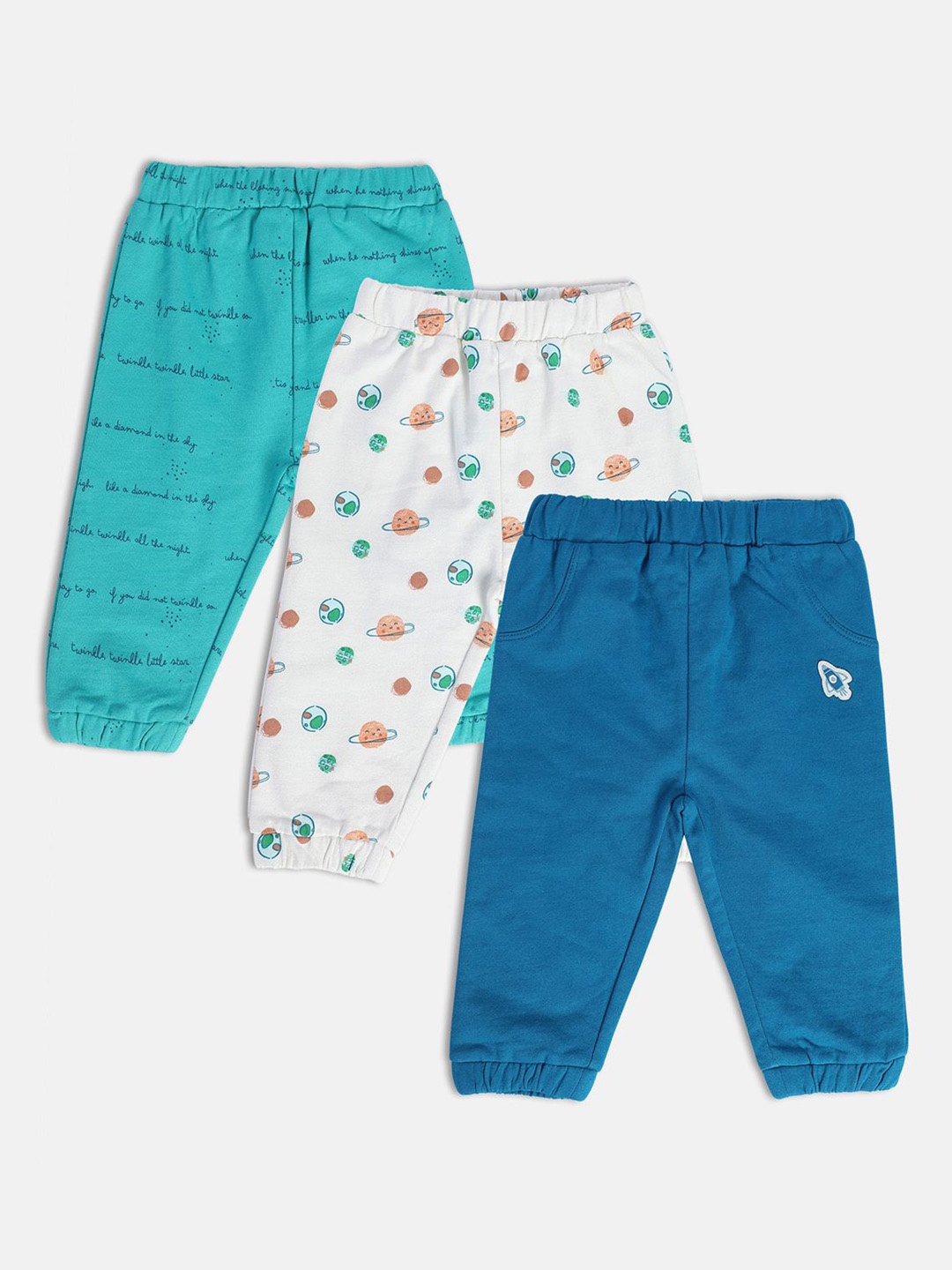 

MINI KLUB Boys Pack Of 3 Mid-Rise Conversational Printed Pure Cotton Joggers, White