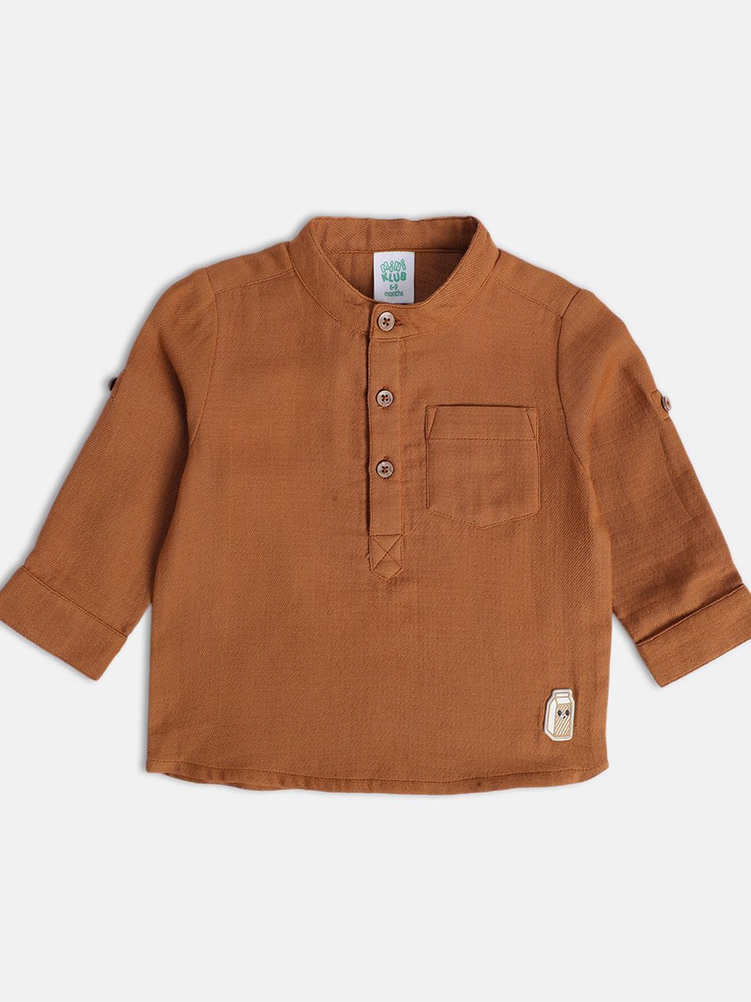 

MINI KLUB Boys Mandarin Collar Half Placket Casual Pure Cotton Shirt, Brown