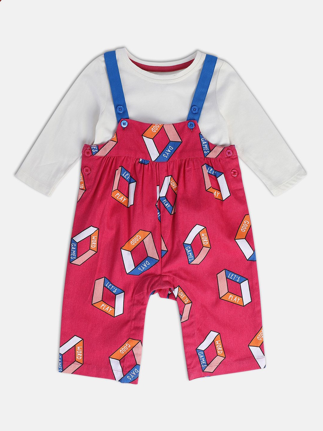 

MINI KLUB Infant Girls Printed Pure Cotton Dungaree With T-Shirt, Pink