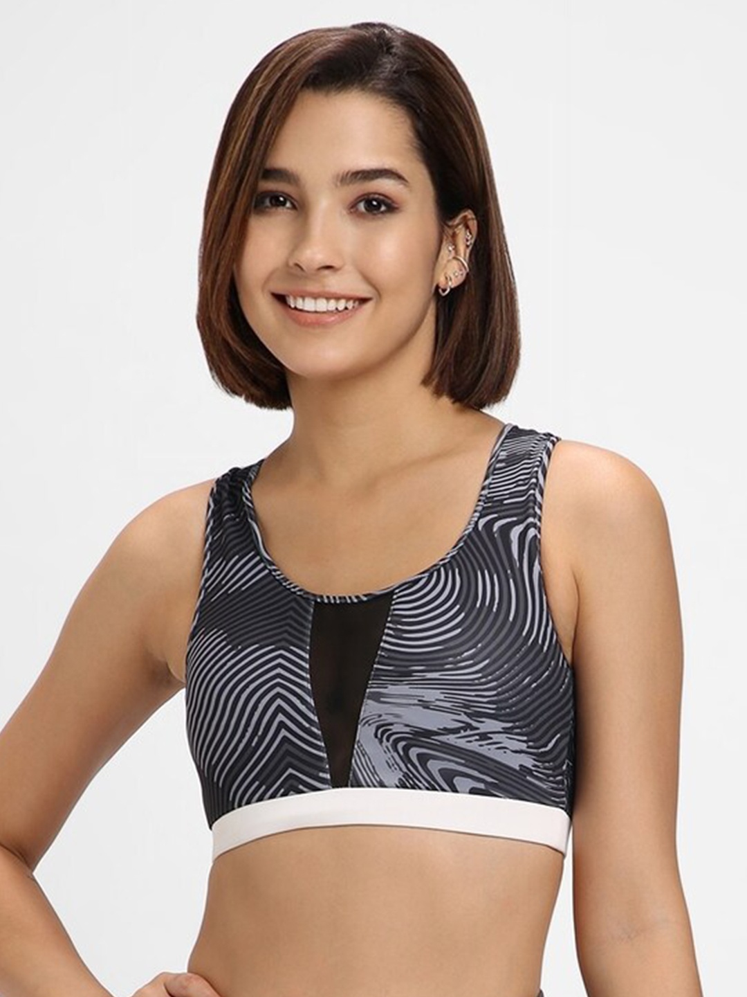 

FOREVER 21 Abstract Printed Half Coverage Workout Sports Bra With All Day Comfort, Grey