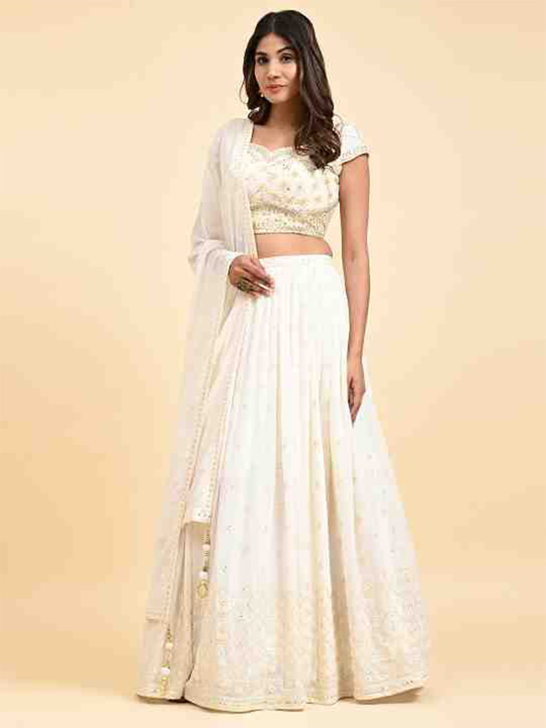 

JUST FASHION Embellished Thread Work Ready to Wear Lehenga & Blouse With Dupatta, Cream