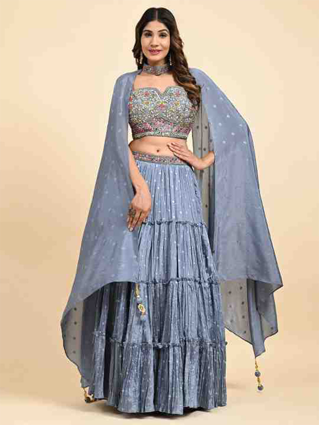 

JUST FASHION Embroidered Mirror Work Ready to Wear Lehenga & Blouse With Dupatta, Grey