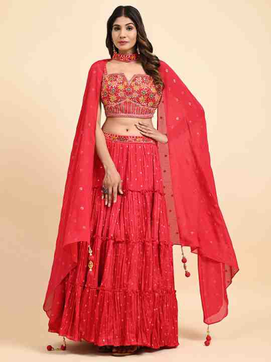 

JUST FASHION Embroidered Ready to Wear Lehenga & Blouse With Dupatta, Red
