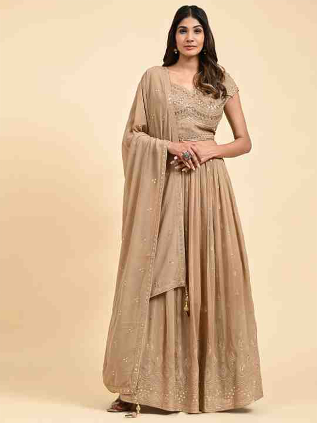 

JUST FASHION Embroidered Thread Work Ready to Wear Lehenga & Blouse With Dupatta, Brown