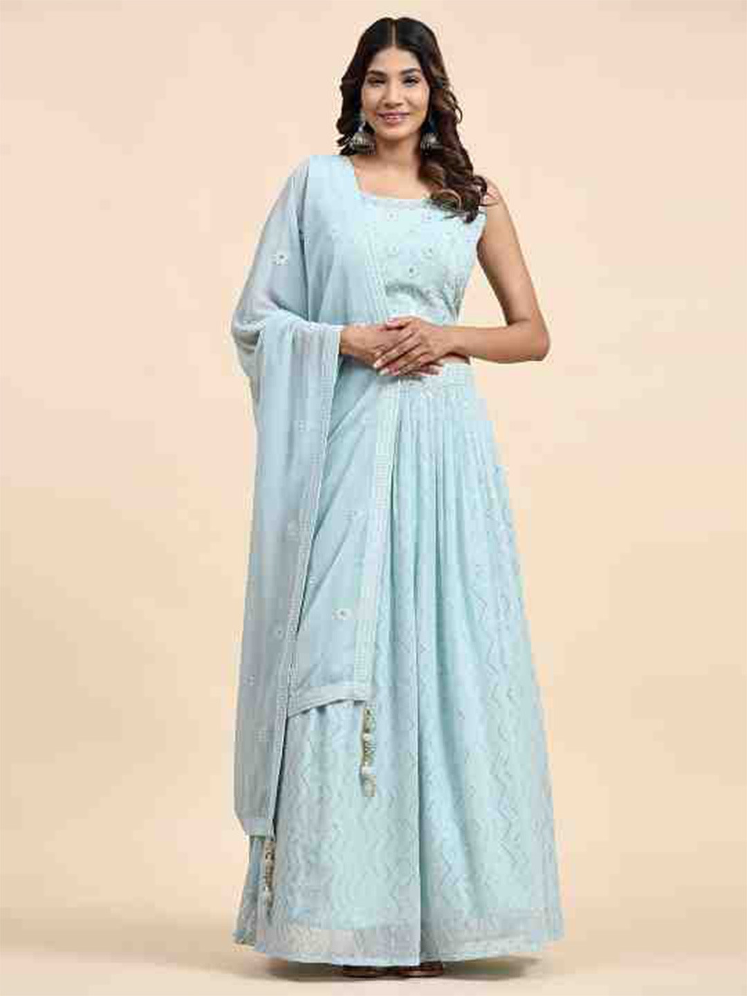 

JUST FASHION Embroidered Thread Work Ready to Wear Lehenga & Blouse With Dupatta, Turquoise blue