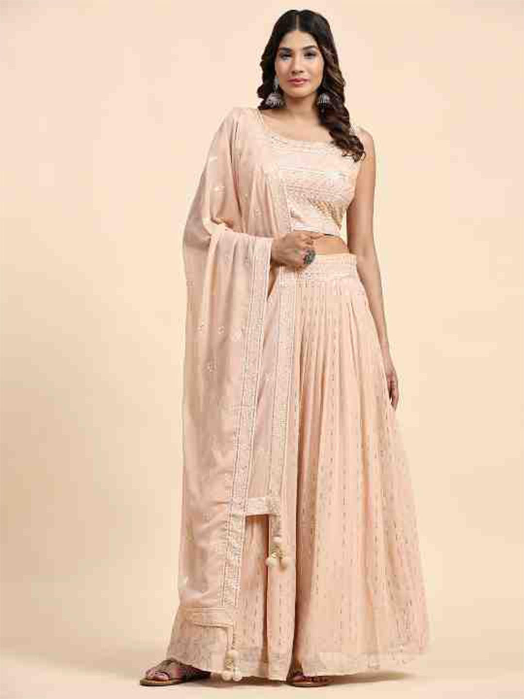 

JUST FASHION Embroidered Thread Work Ready to Wear Lehenga & Blouse With Dupatta, Peach