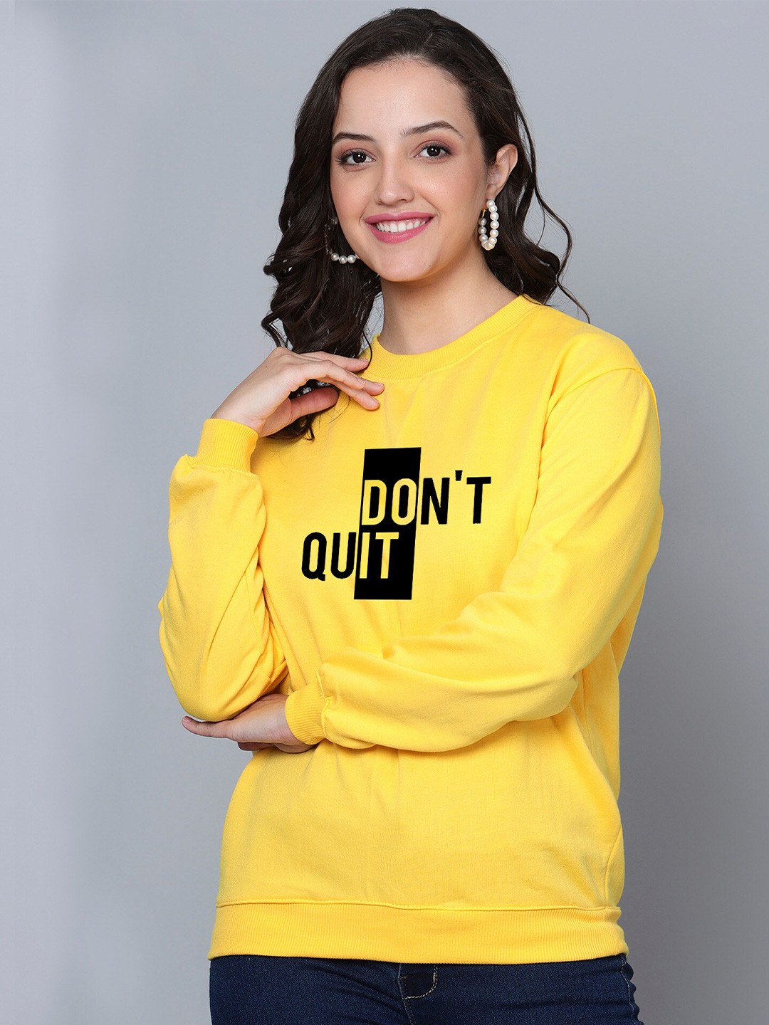 

Fashion And Youth Typography Printed Round Neck Fleece Sweatshirt, Yellow