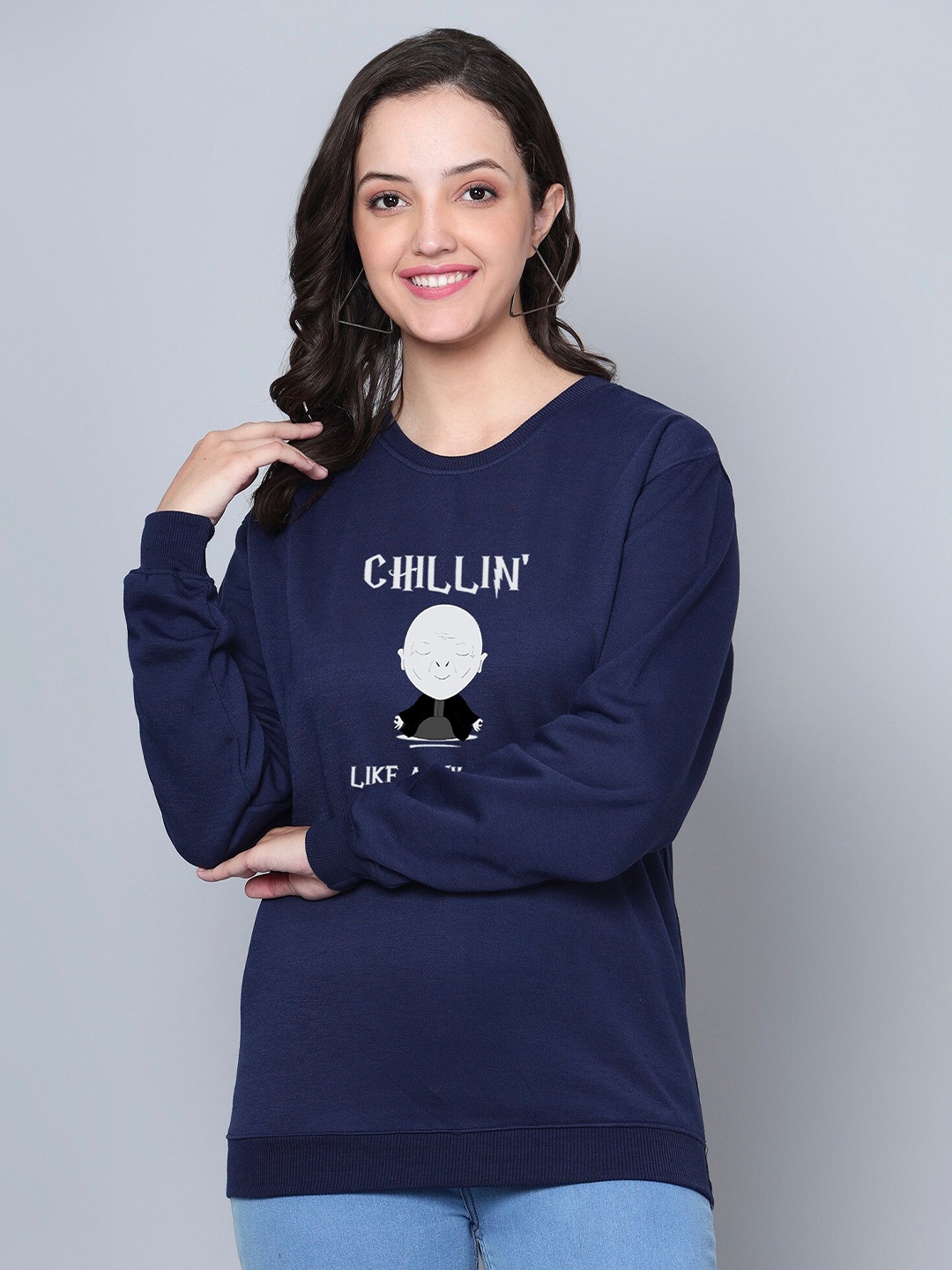

Fashion And Youth Graphic Printed Round Neck Fleece Sweatshirt, Navy blue