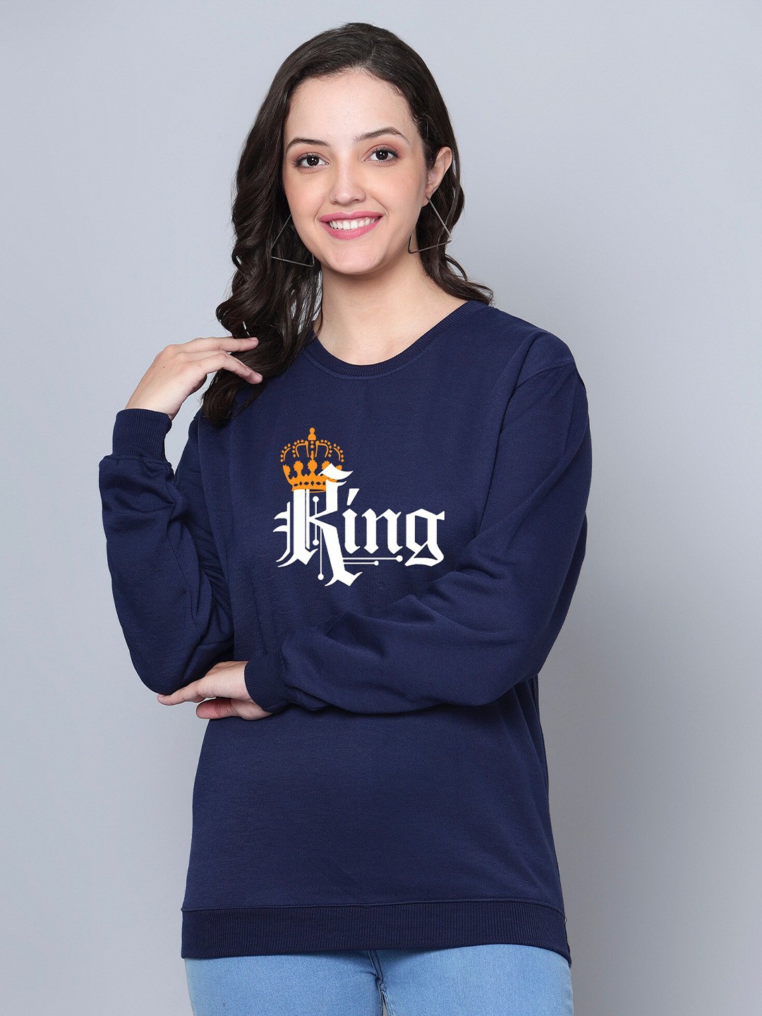

Fashion And Youth Typography Printed Round Neck Fleece Sweatshirt, Navy blue