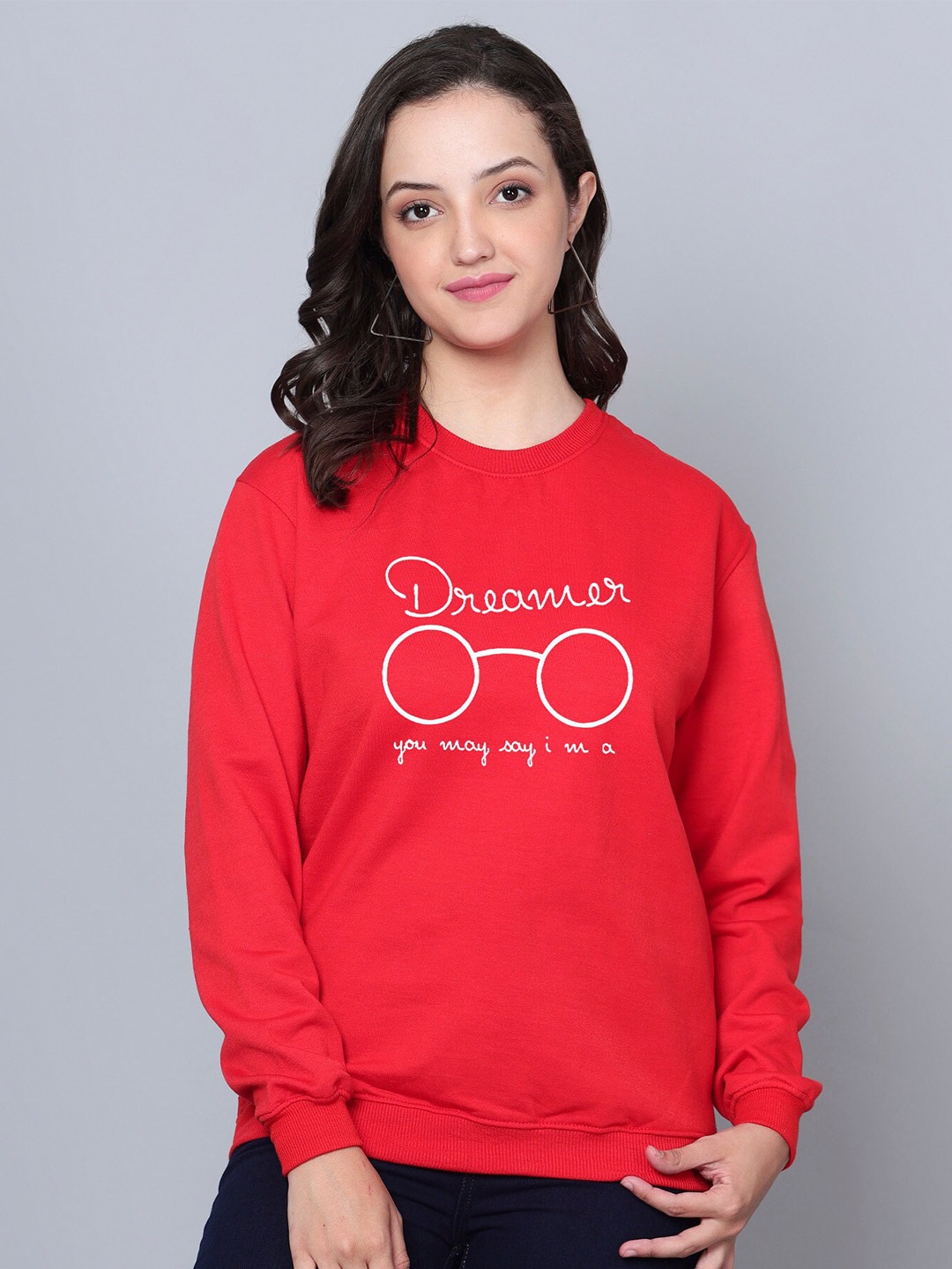 

Fashion And Youth Dreamer Typography Printed Fleece Round Neck Pullover, Red