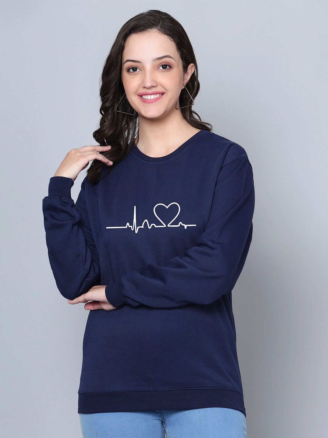 

Fashion And Youth Life Line Design Printed Fleece Round Neck Pullover, Navy blue