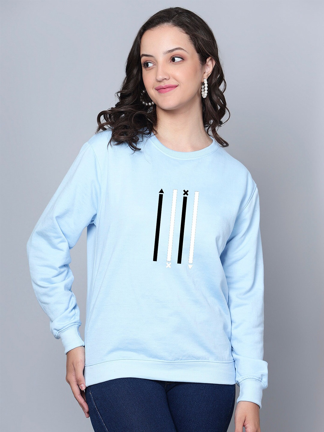 

Fashion And Youth Four Line Design Printed Fleece Round Neck Pullover, Blue