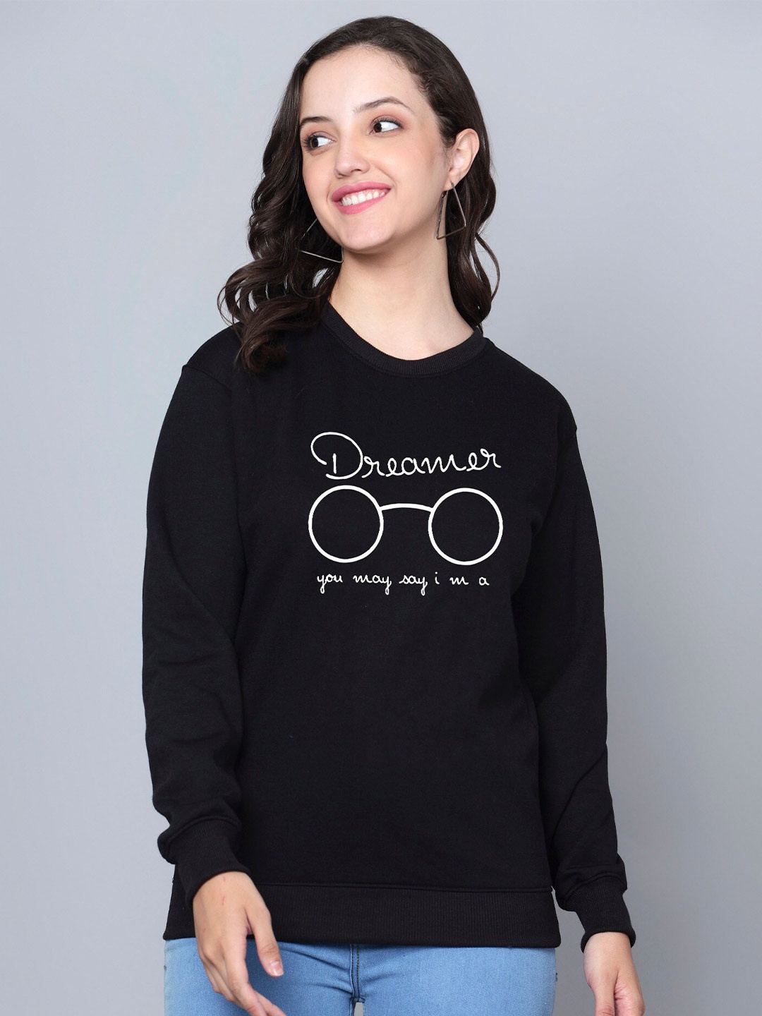 

Fashion And Youth Dreamer Typography Printed Fleece Round Neck Pullover, Black
