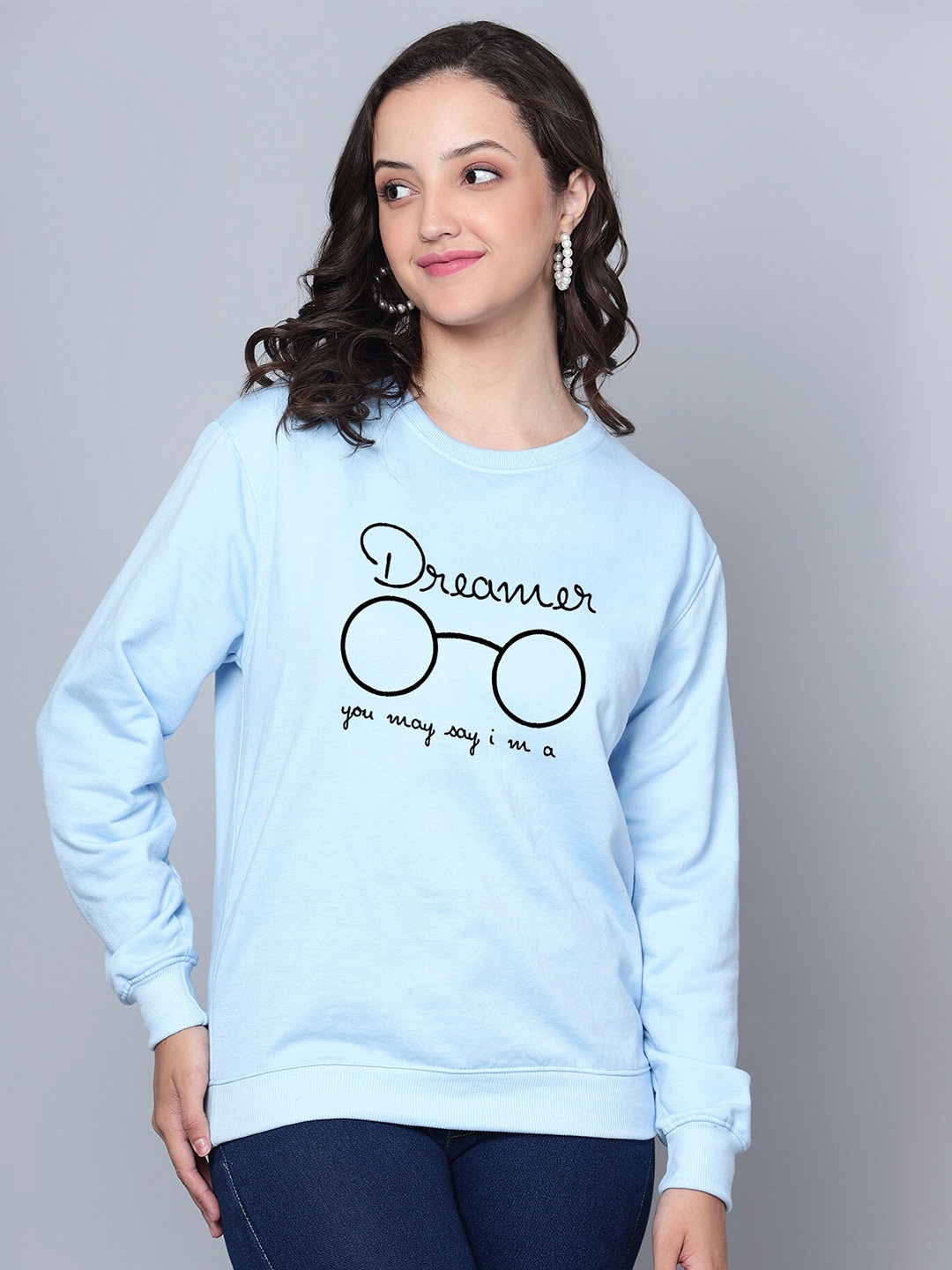 

Fashion And Youth Dreamer Typography Printed Fleece Round Neck Pullover, Blue