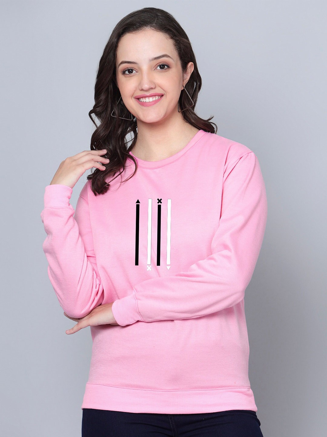 

Fashion And Youth Four Line Design Printed Round Neck Cotton Sweatshirt, Pink
