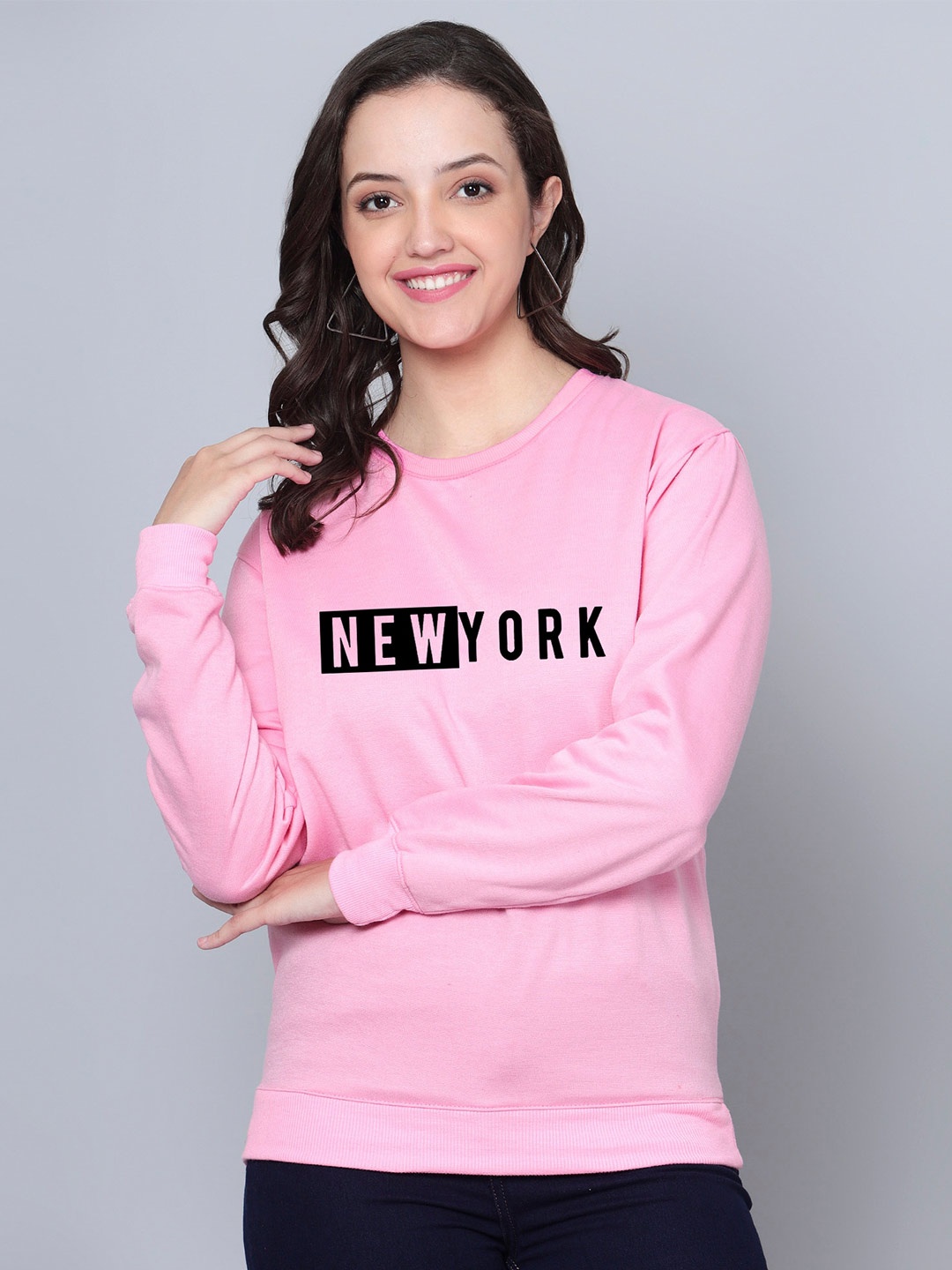 Fashion And Youth New York Design Printed Round Neck Cotton Sweatshirt, Pink