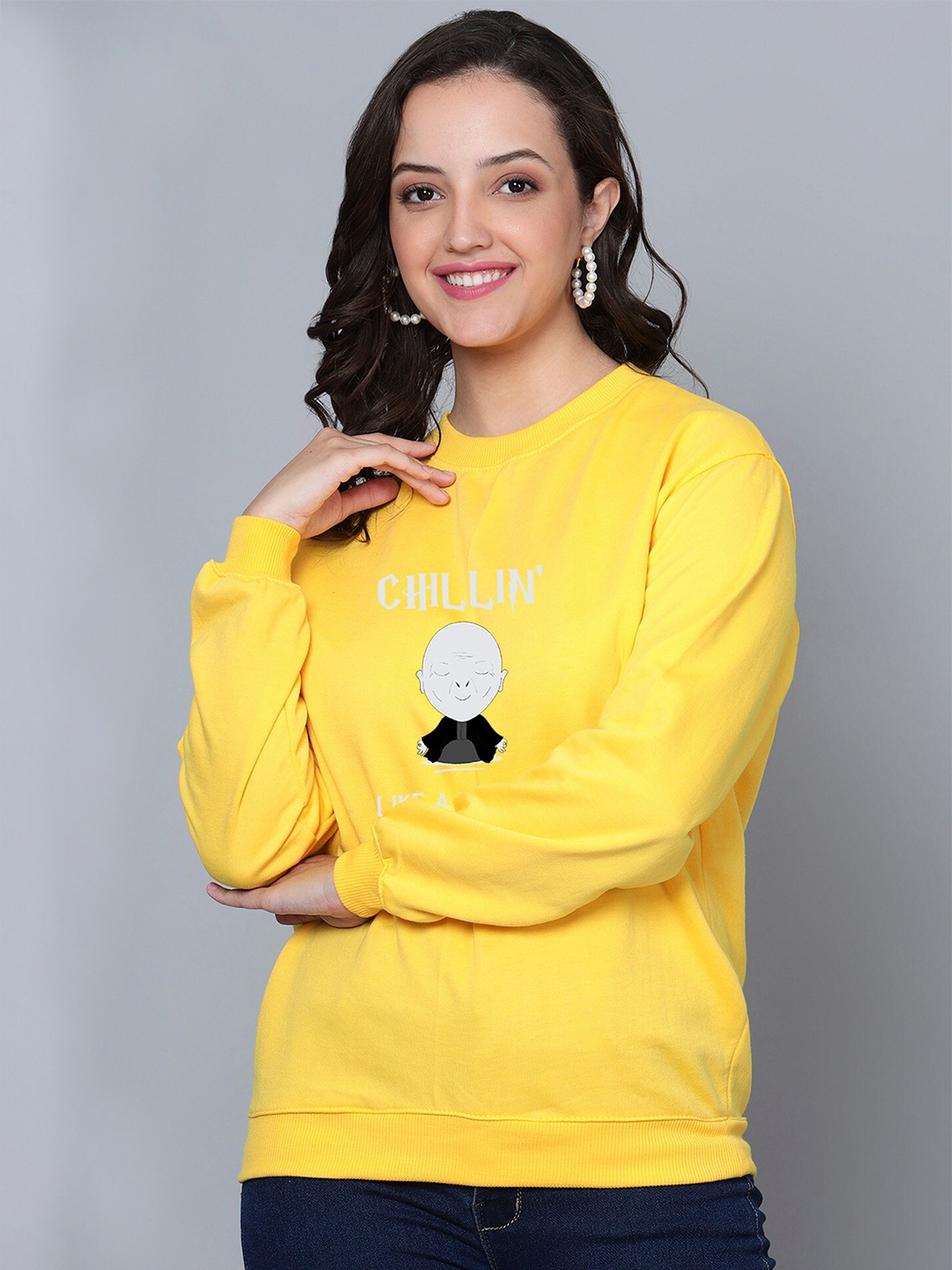 

Fashion And Youth Graphic Printed Fleece Pullover Sweatshirt, Yellow