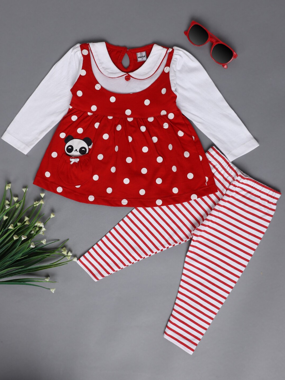 

V-Mart Infants Girls Printed Pure Cotton Top with Leggings, Red