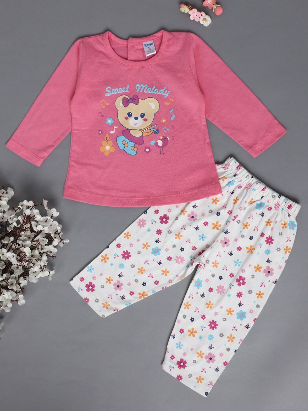 

V-Mart Infants Girls Printed Pure Cotton Top with Trousers, Pink