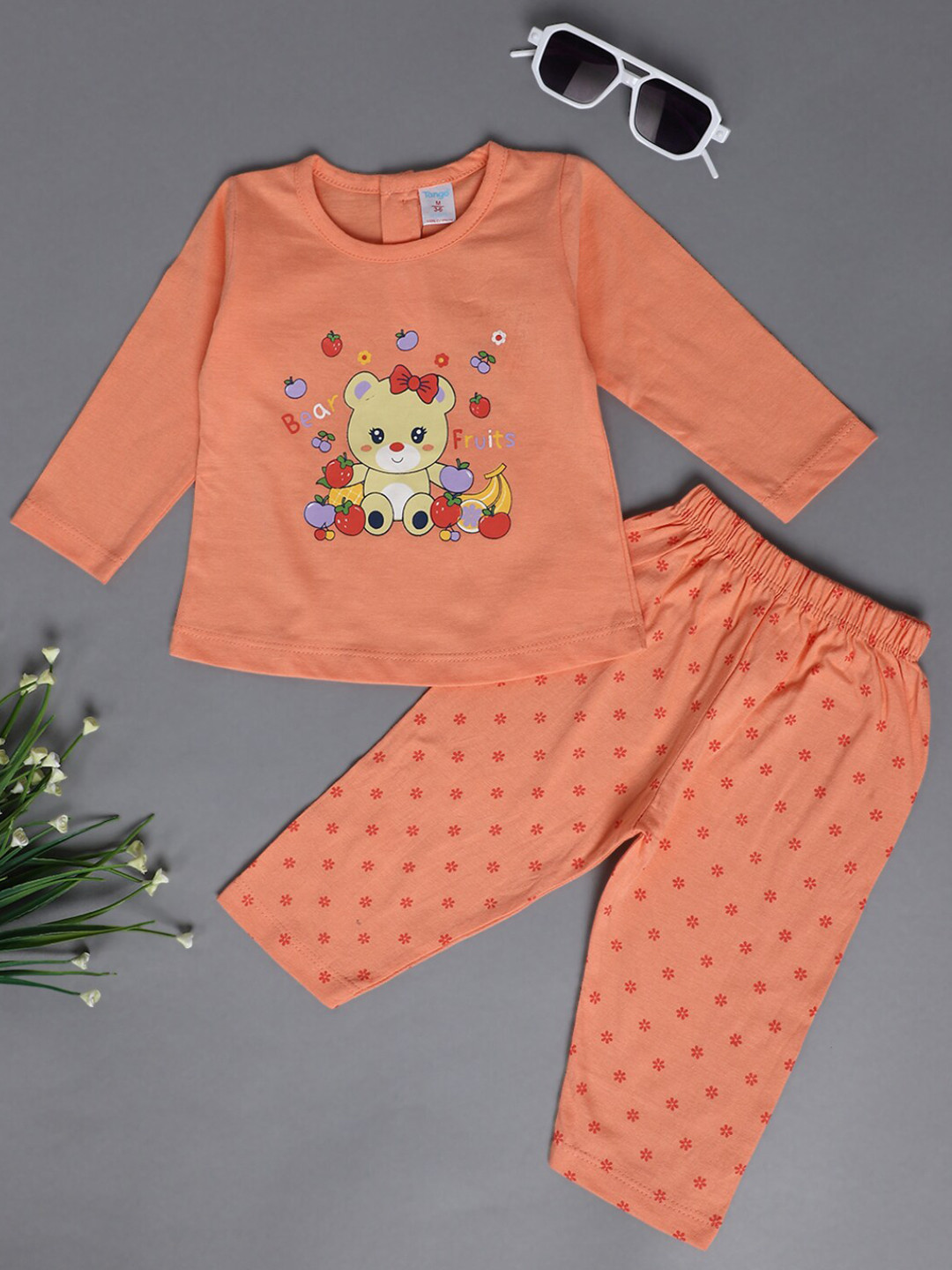 

V-Mart Infants Girls Printed Pure Cotton Top with Trousers, Orange
