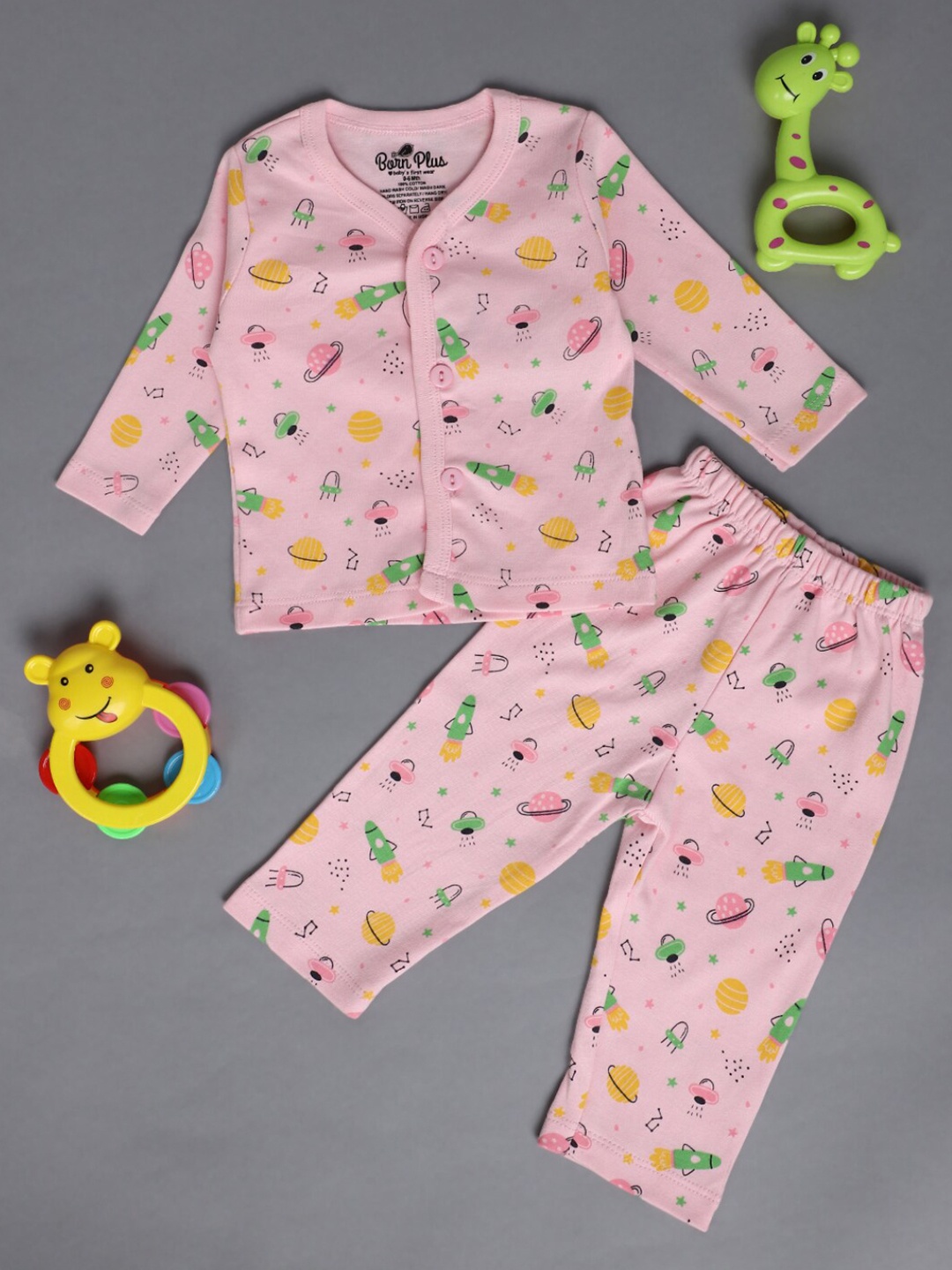 V-Mart Infants Kids Printed Pure Cotton Shirt With Trousers, Pink