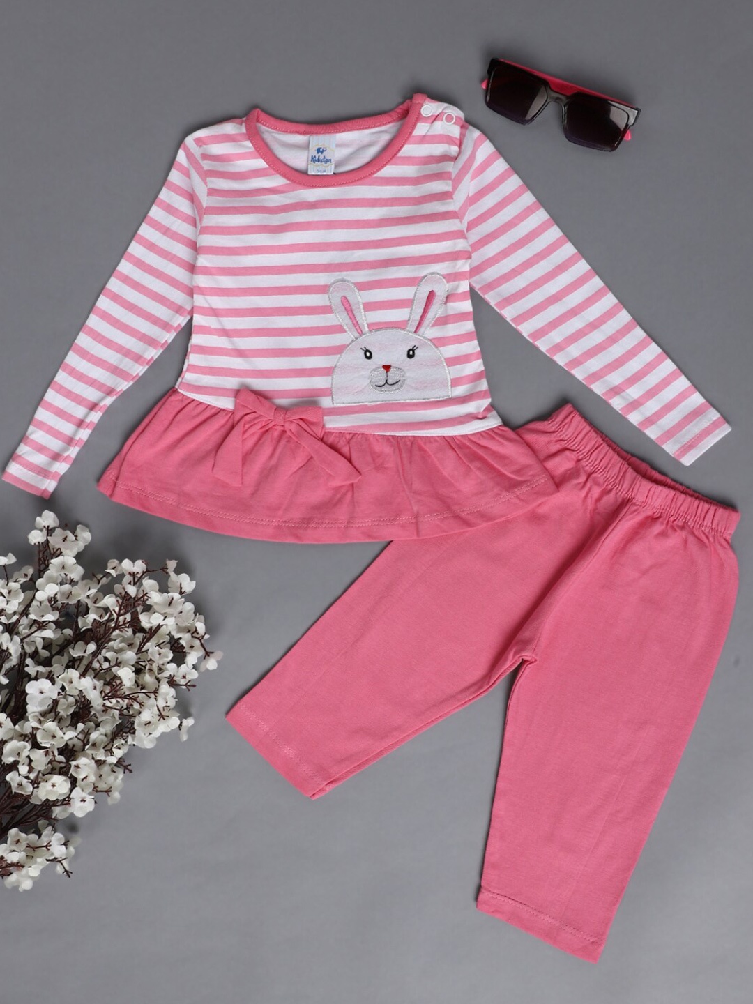 

V-Mart Girls Striped Pure Cotton Top With Trousers, Pink