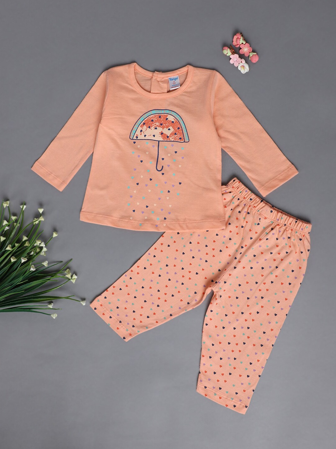 V-Mart Infants Printed Pure Cotton T-Shirt with Trousers, Orange