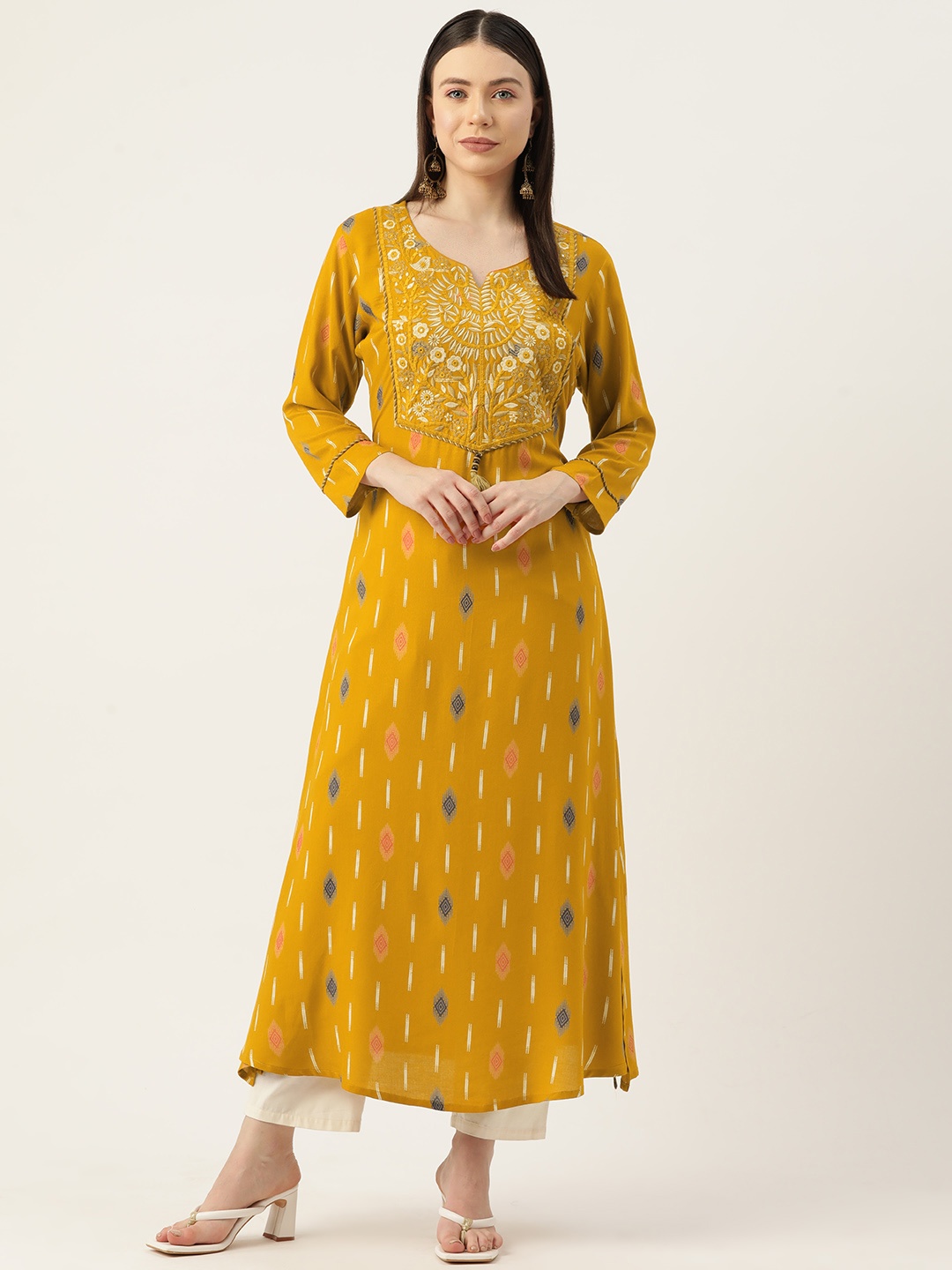 

Rue Collection Floral Embroidered Mirror Work Kurta, Mustard