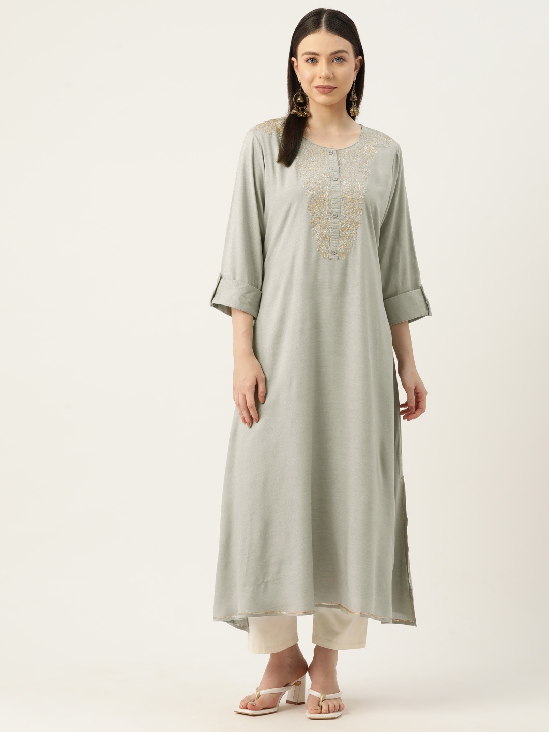 

Rue Collection Floral Embroidered Zari Kurta, Grey