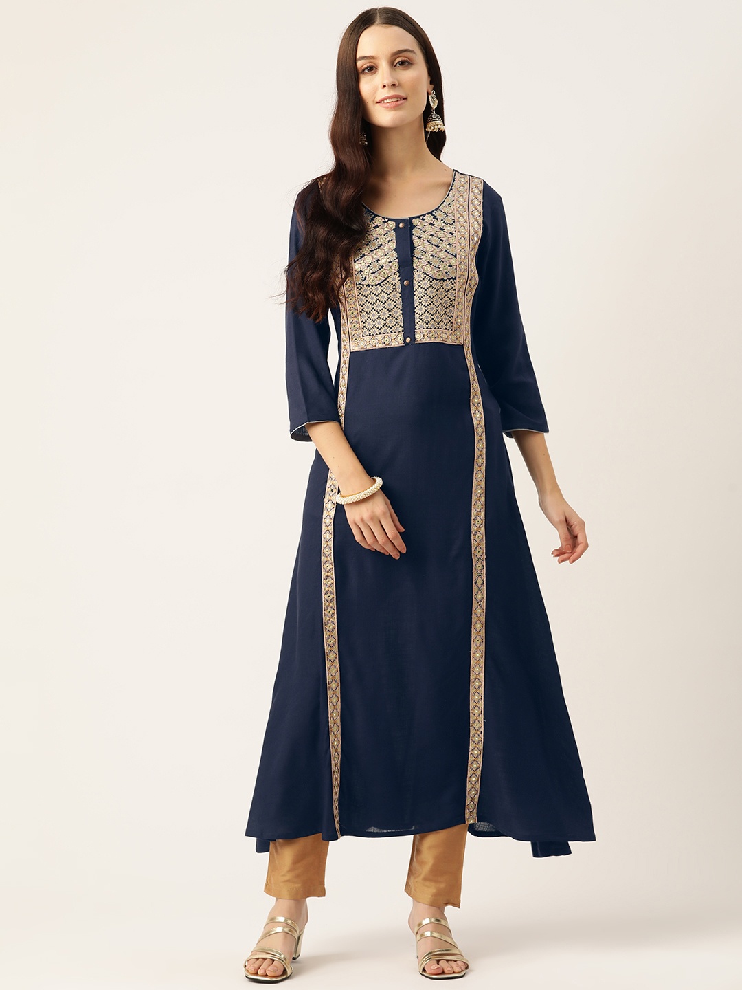 

Rue Collection Floral Embroidered Mirror Work Kurta, Navy blue