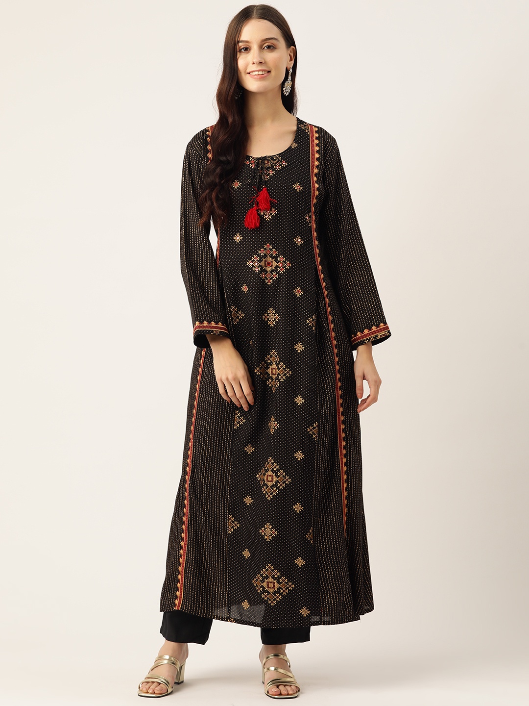 

Rue Collection Ethnic Motifs Printed Mirror Work Kurta, Black