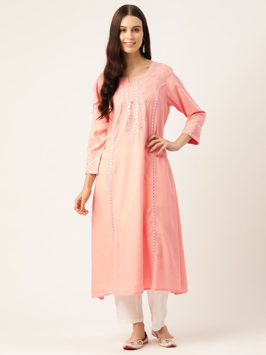 

Rue Collection Geometric Embroidered Mirror Work Kurta, Peach