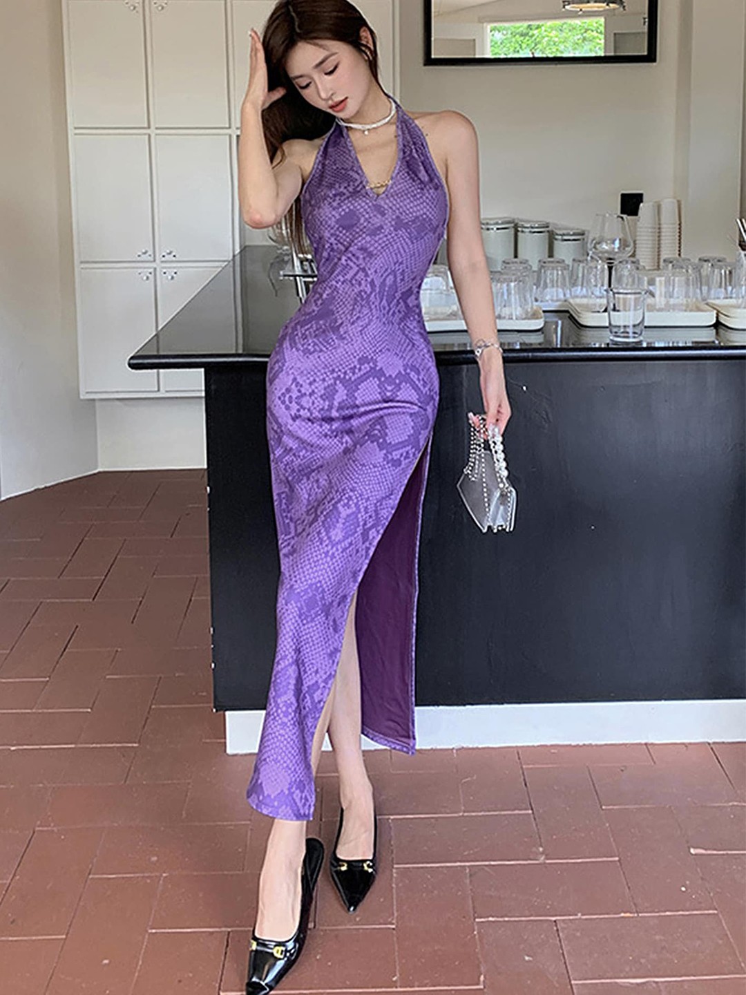 

LULU & SKY Abstract Printed Halter Neck Sheath Midi Dress, Purple