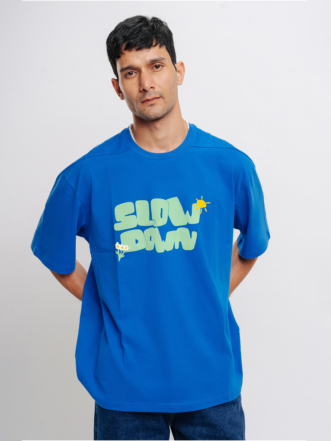 

FREAKINS Typography Printed Round Neck Short Sleeves Cotton Oversized T-shirt, Blue