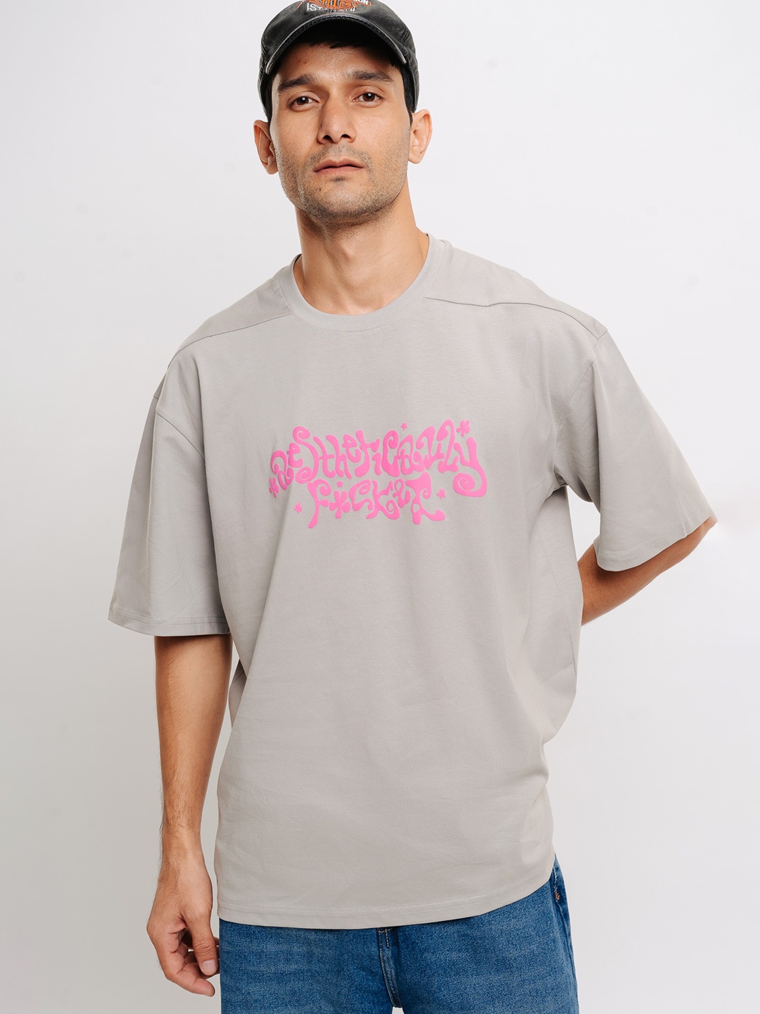 

FREAKINS Typography Printed Round Neck Short Sleeves Cotton Oversized T-shirt, Grey