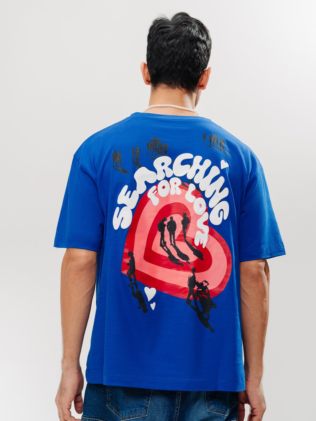 

FREAKINS Black Typography Printed Drop-Shoulder Sleeves Pure Cotton Oversized T-shirt, Blue