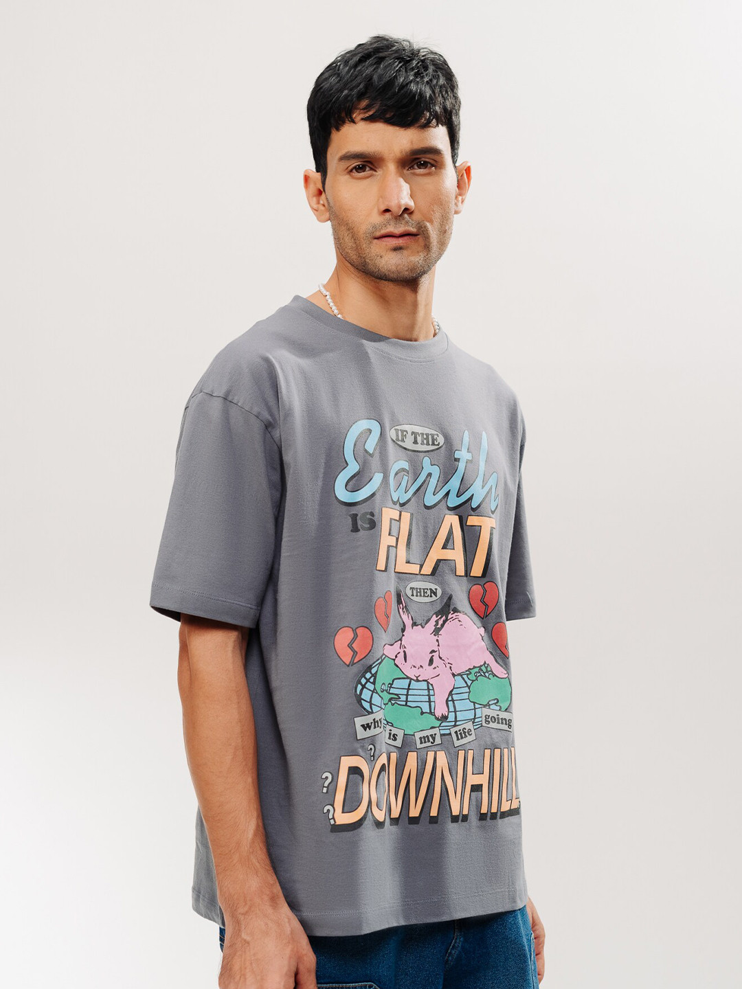

FREAKINS Grey Typography Printed Drop-Shoulder Sleeves Pure Cotton Oversized T-shirt