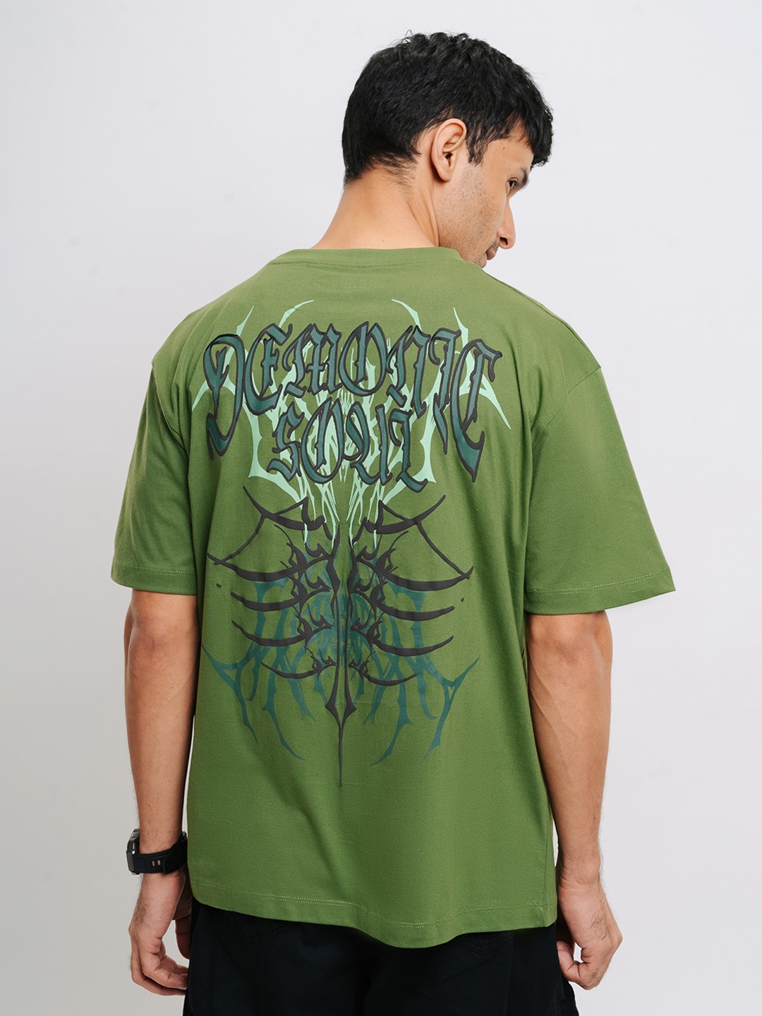 

FREAKINS Black Typography Printed Drop-Shoulder Sleeves Pure Cotton Oversized T-shirt, Green