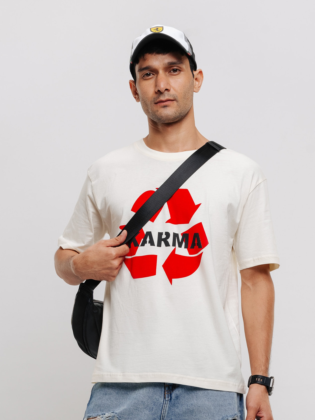 

FREAKINS White Typography Printed Drop-Shoulder Sleeves Pure Cotton Oversized T-shirt