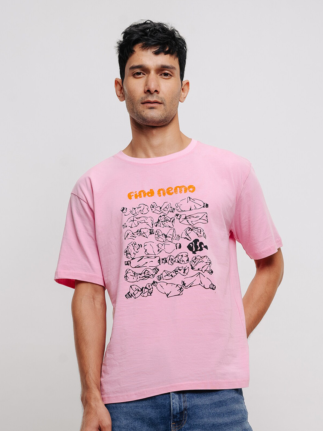

FREAKINS Pink Graphic Printed Drop-Shoulder Sleeves Pure Cotton Oversized T-shirt