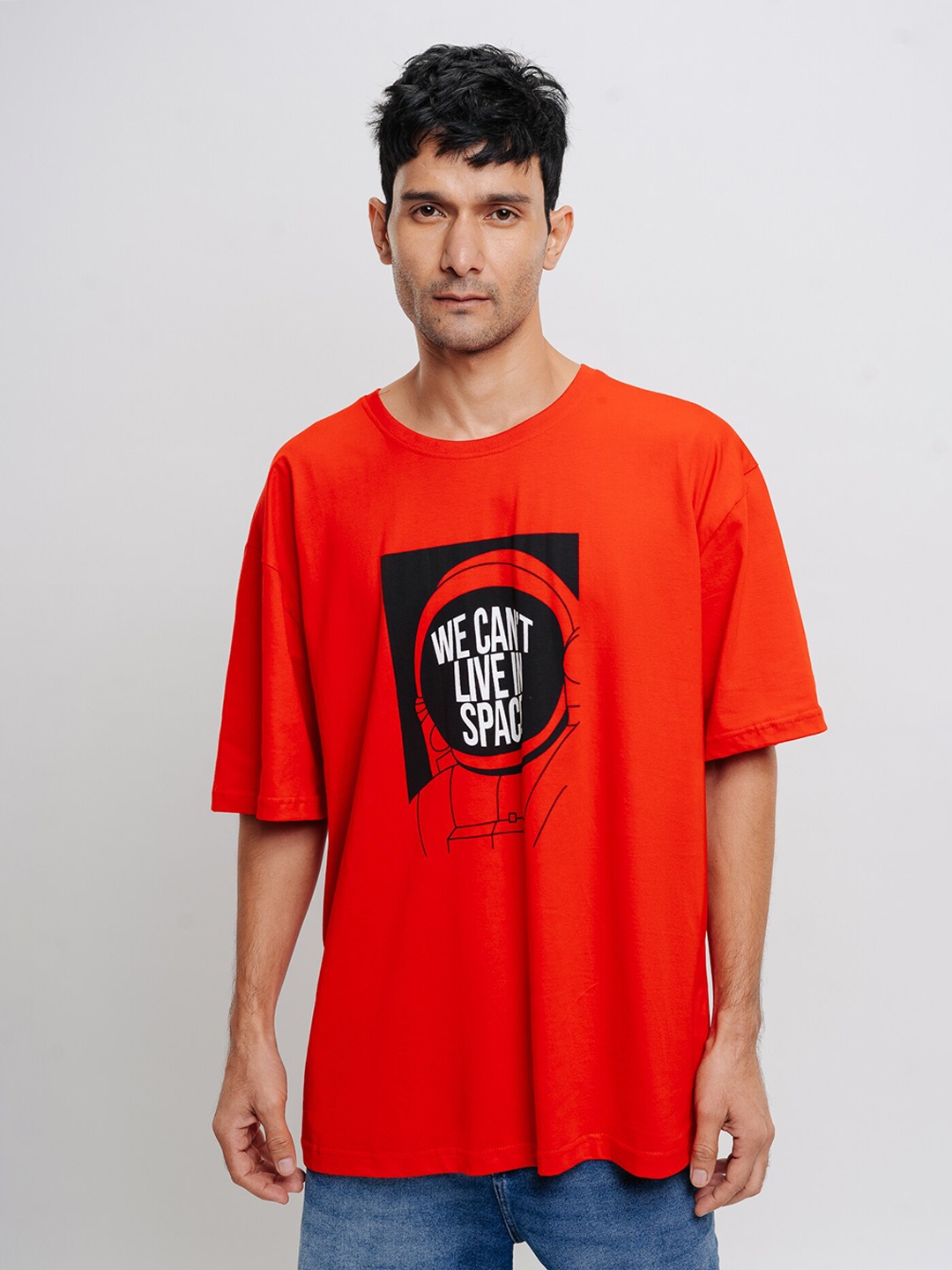 

FREAKINS Red Typography Printed Drop-Shoulder Sleeves Pure Cotton Oversized T-shirt