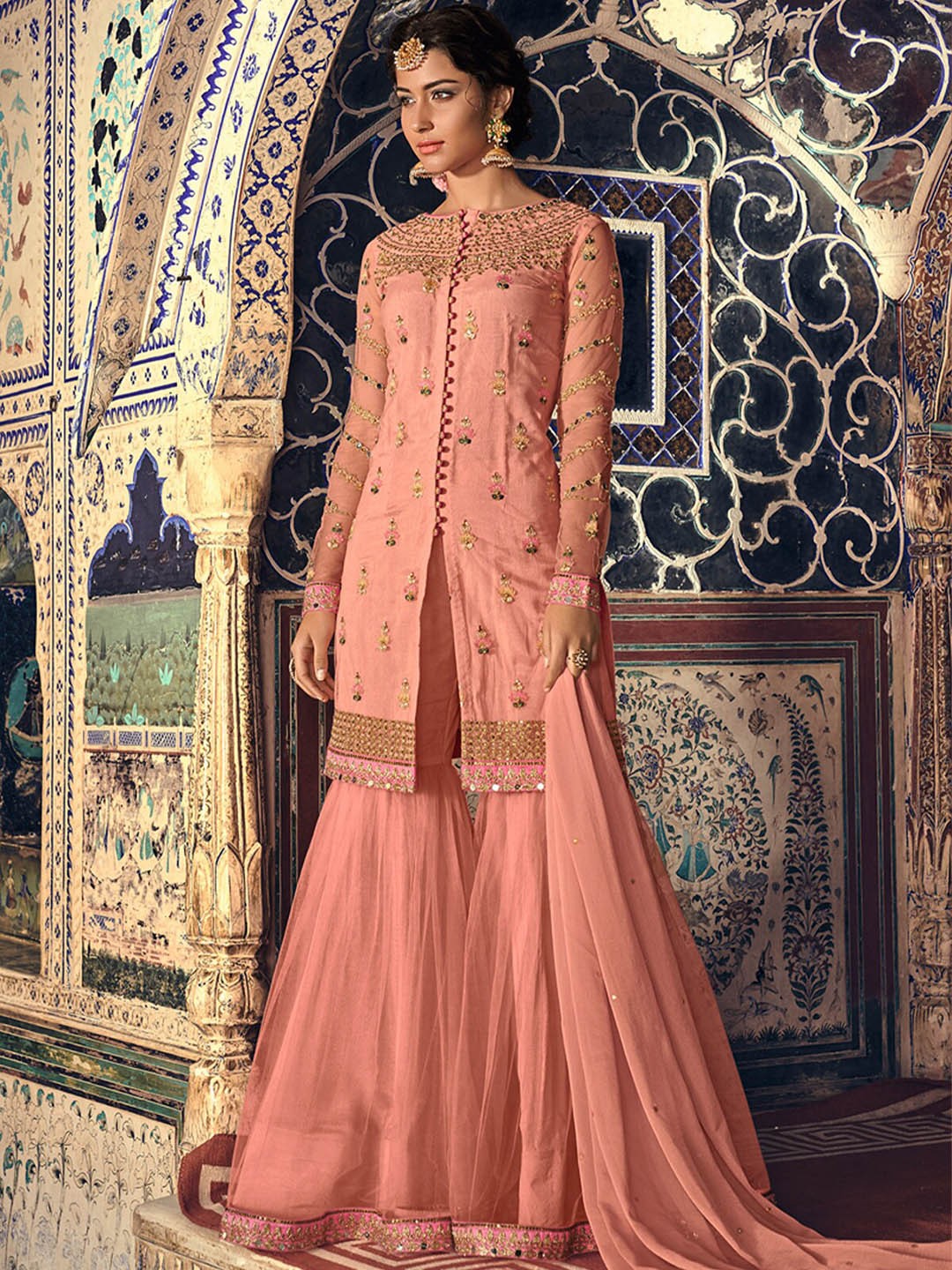 

ODETTE Floral Embellished Net Semi Stitched Kurta With Sharara & Dupatta, Peach