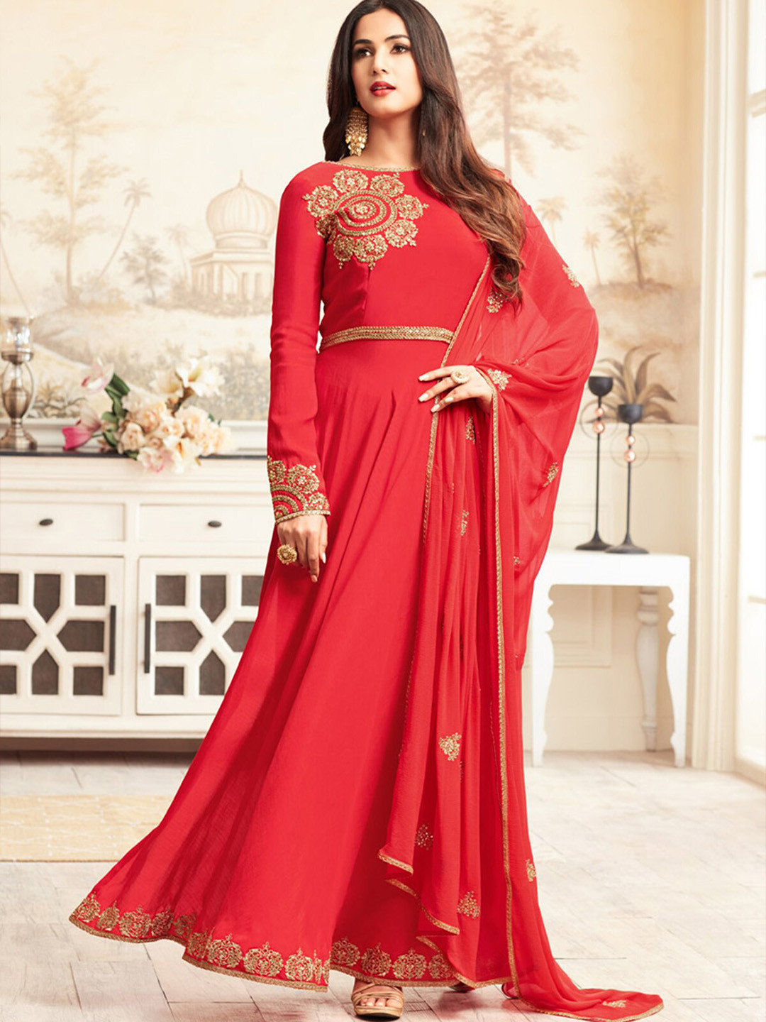 

ODETTE Floral Embroidered Semi Stitched Kurta With Trouser & Dupatta, Red