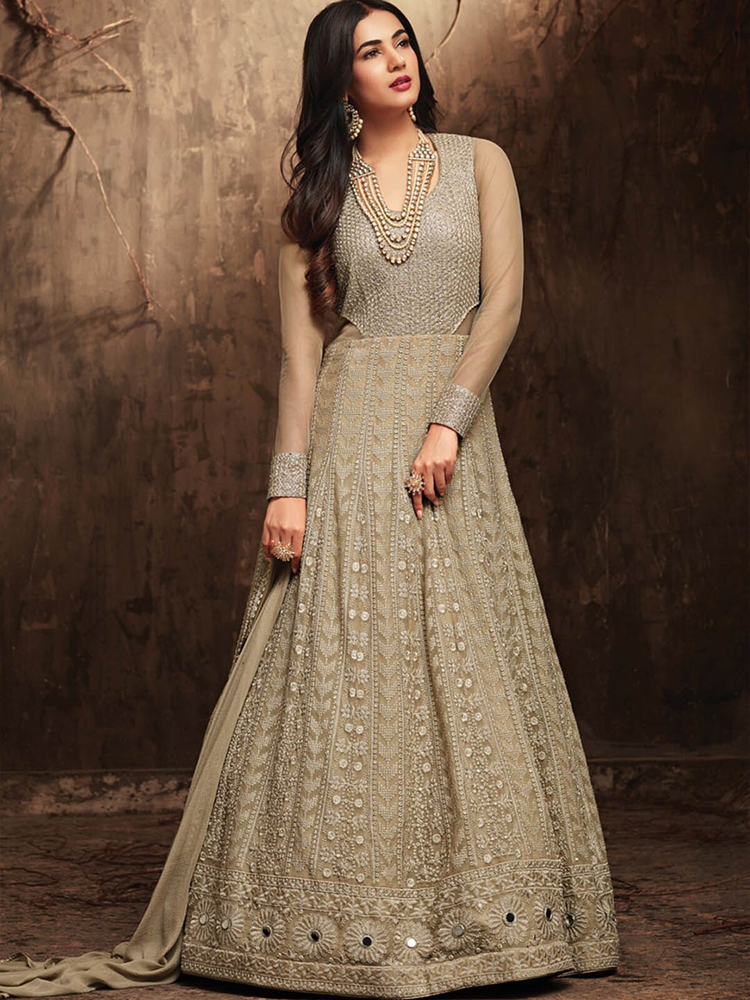 

ODETTE Floral Embroidered Beads & Stones Net Semi Stitched Kurta Set, Olive